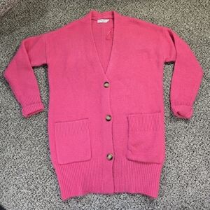 Elodie Hot Pink Button-Up Women's Sweater Cardigan Size Med EUC Hits Mid Body